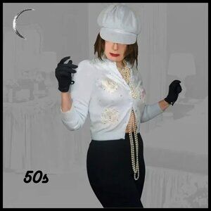 Vintage Orlon Cardigan, Rhinestones, Light Blue 50sRockabilly Sweater - Restored